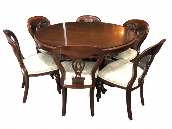 台北二手家具買賣 推薦 泰山宏品中古傢俱館*E33020*實木圓桌+6椅* 二手中古 餐桌 餐椅 茶几 吃飯桌 餐桌組椅